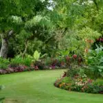 A serene garden pathway surrounded by vibrant flowers and lush greenery, ideal for relaxation.